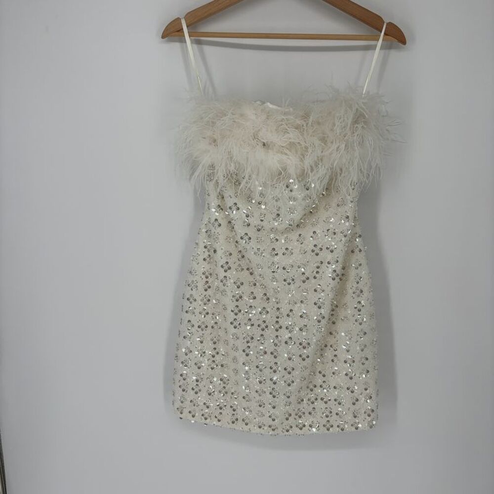 NADINE MERABI White Feather-Trim Mini Dress